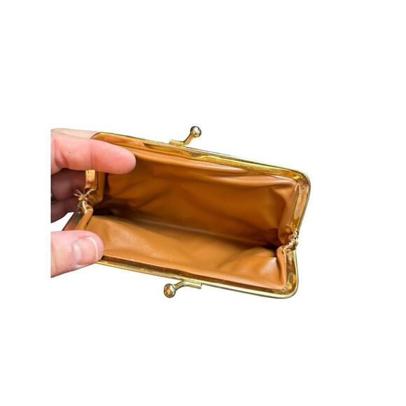 Vintage Leather Coin Purse With Metal Frame & Kiss Lock Closure - Orange - Picture 2 of 6